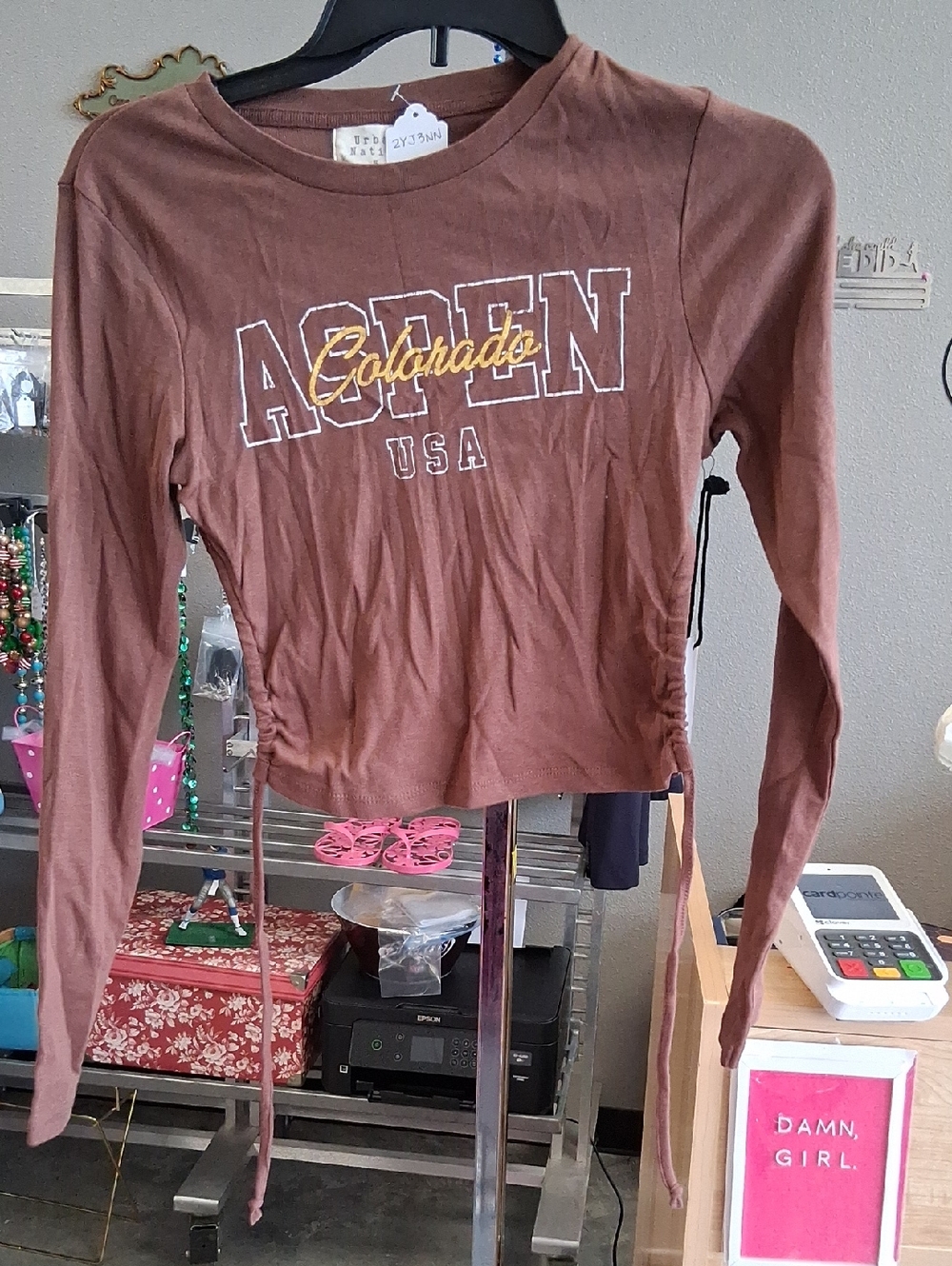 Brown Aspen Colorado USA Long-Sleeve Ruched Crop Tee